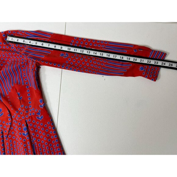 ModCloth Dress Womens 10 Fit and Flare Long Sleeve Pleated Red Blue Print Fall - Picture 14 of 16